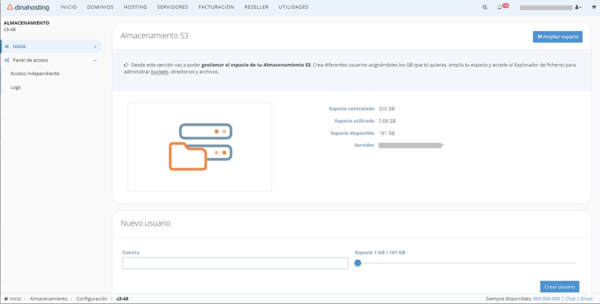 Panel Almacenamiento S3 dinahostig