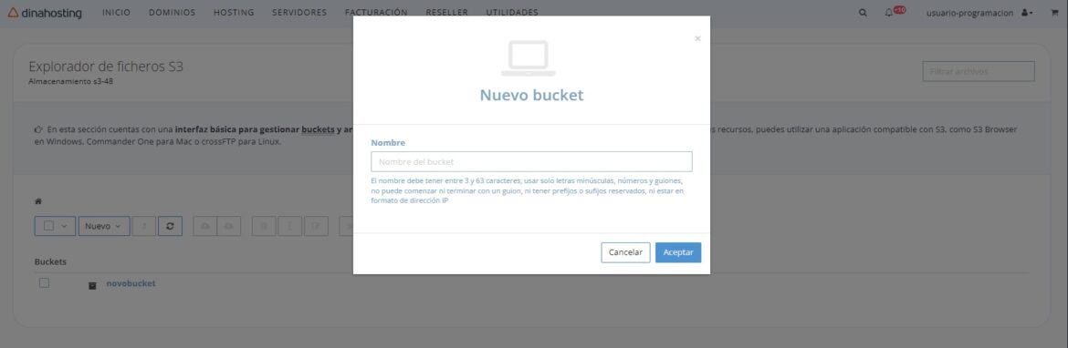 Creación de buckets de almacenamiento S3 desde el Panel de Control de dinahosting 