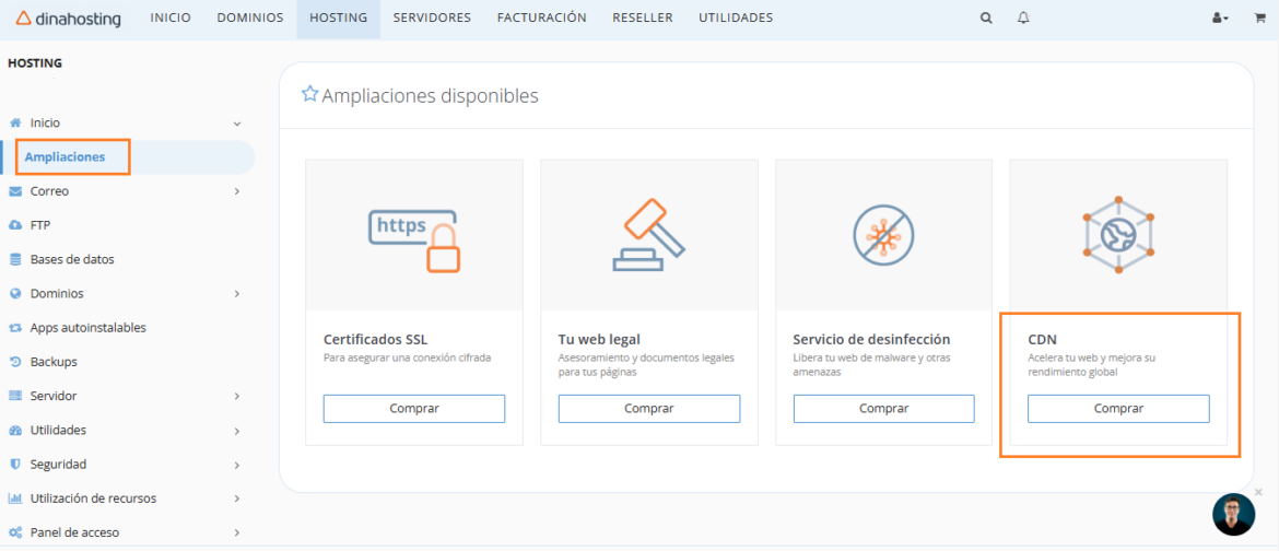 Contratación de la CDN desde el Panel de Control de dinahosting