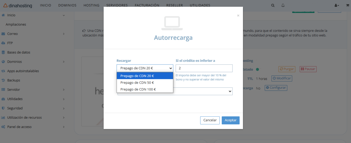 Autorrecarga de CDN desde el Panel de Control de dinahosting