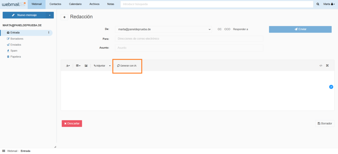 Botón Generar con IA en Webmail Dinahosting.