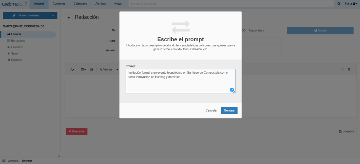 Prompt herramienta IA Webmail Dinahosting