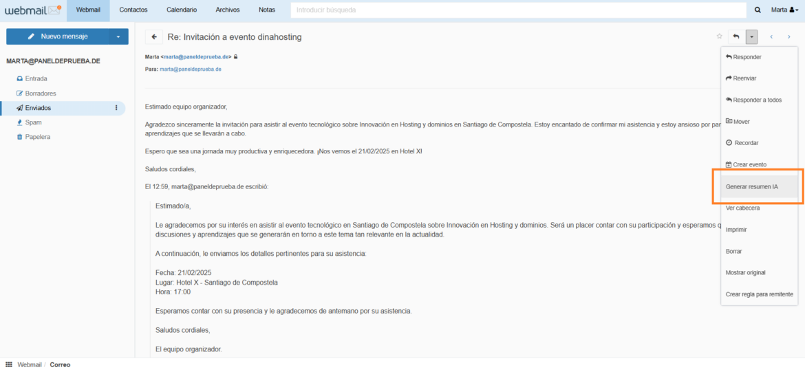 Botón Generar resumen IA en el Webmail Dinahosting
