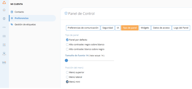 Menú mini de Panel Dinahosting