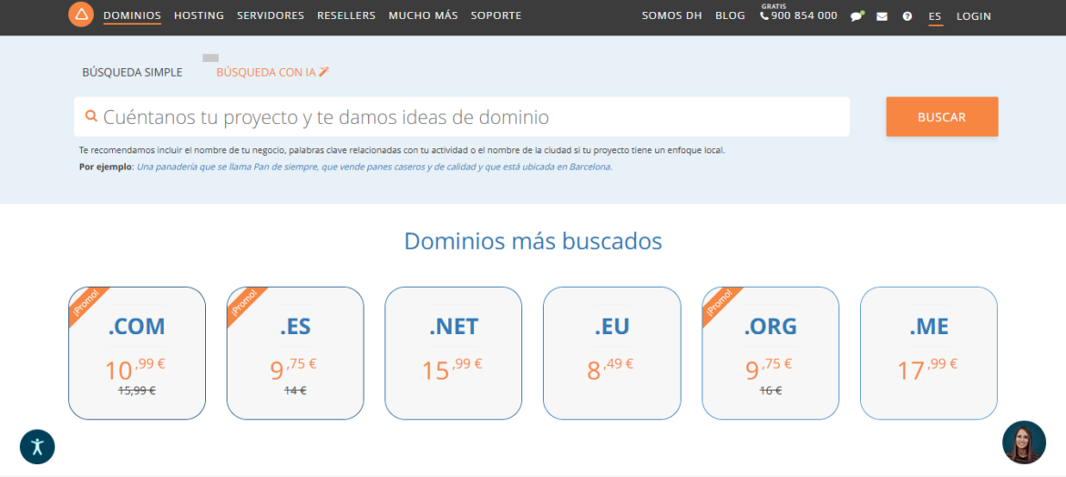 Buscador de dominios con IA en dinahosting.com