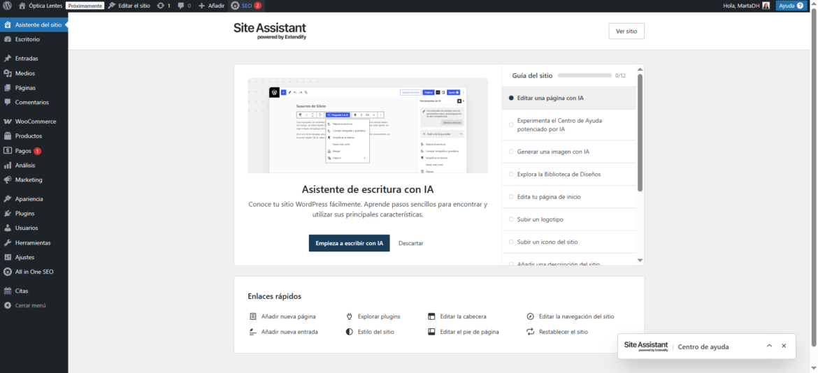 Asistente del sitio de WordPress + IA