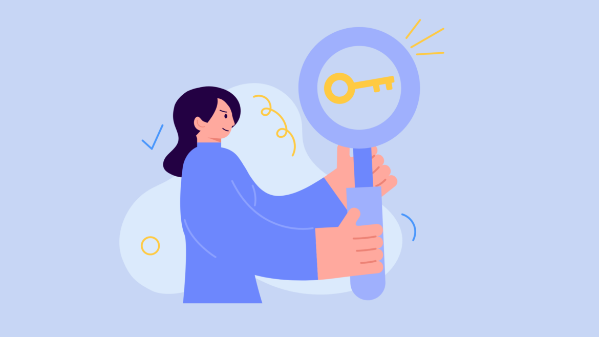 Mujer sosteniendo una lupa que enfoca a una llave. Representa la búsqueda de las palabras clave