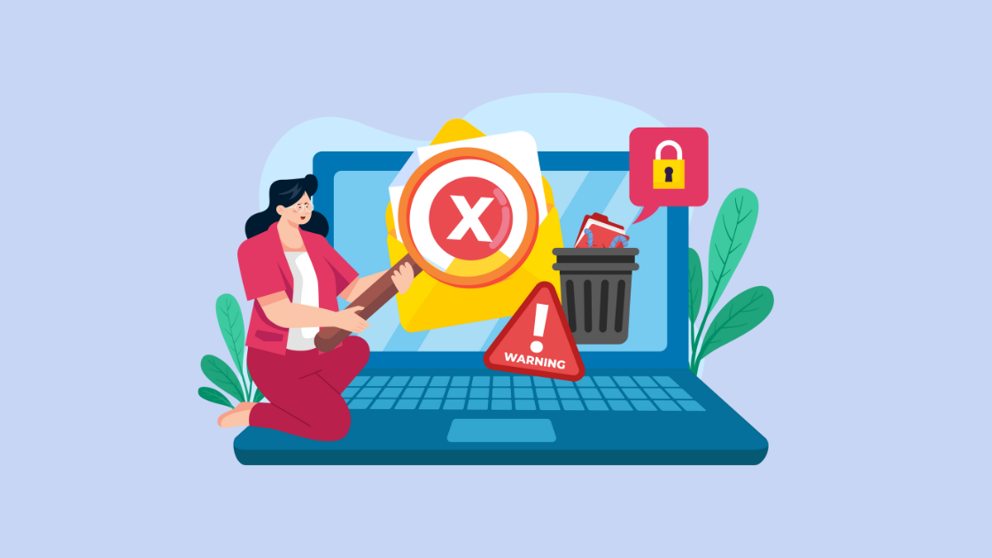 Mujer encima del teclado de un ordenador, arrodillada y sujetando una lupa donde aparece una cruz en rojo y unos archivos. Al lado de estos una señal de peligro y un cubo de basura con un candado. Representa la desautorización de los enlaces maliciosos.