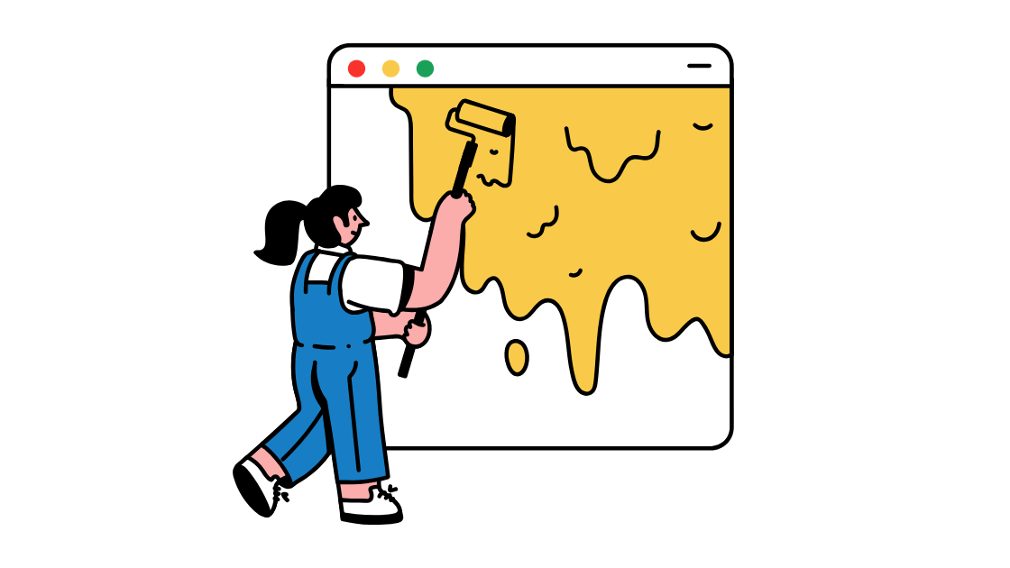 Persona pintando con un rodillo una pantalla de una página web. Significa el rediseño de un sitio web.