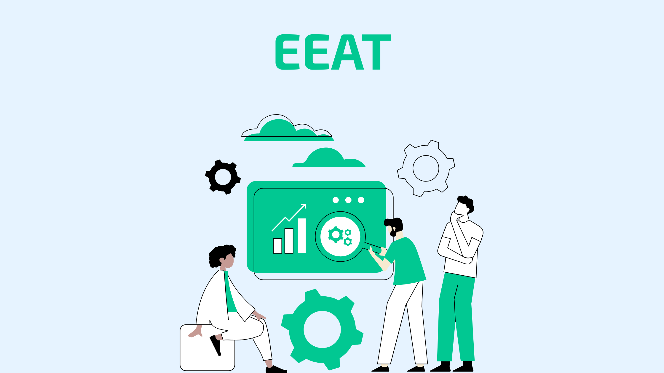 La ilustración, representa la imagen de portada del EEAT. Es un grupo de personas que están inspeccionando una página web y aparecen diversos emoticonos que hacen referencia a la experiencia, conocimiento, autoridad y fiabilidad