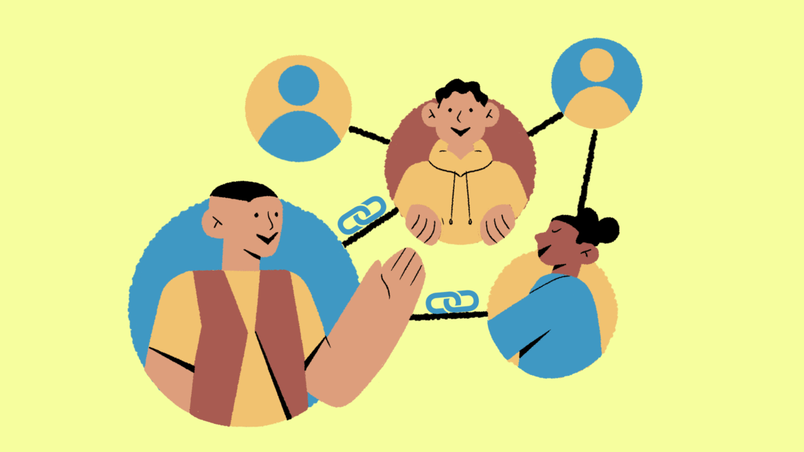 Ilustración que hace referencia a los enlaces de calidad. Varias personas que están unidas por una línea que cuenta con un enlace