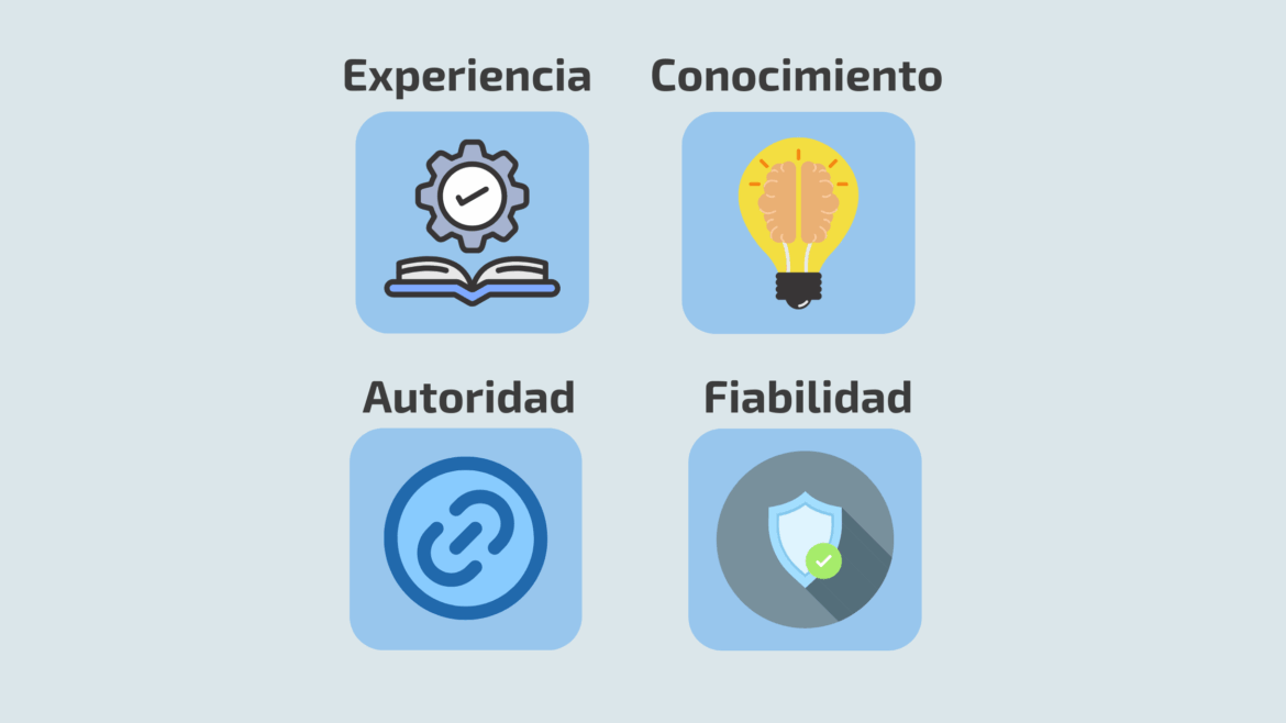 En la imagen se representa con emoticonos las cuatro palabras que forman el EEAT (experiencia, conocimiento, autoridad y fiabilidad)