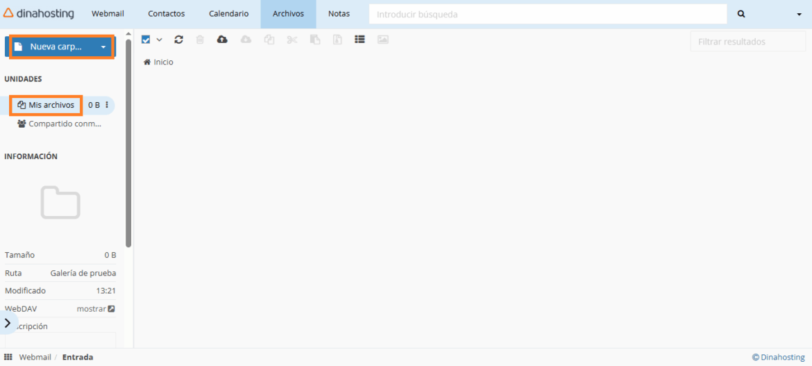 Sección de Archivos dentro del Webmail