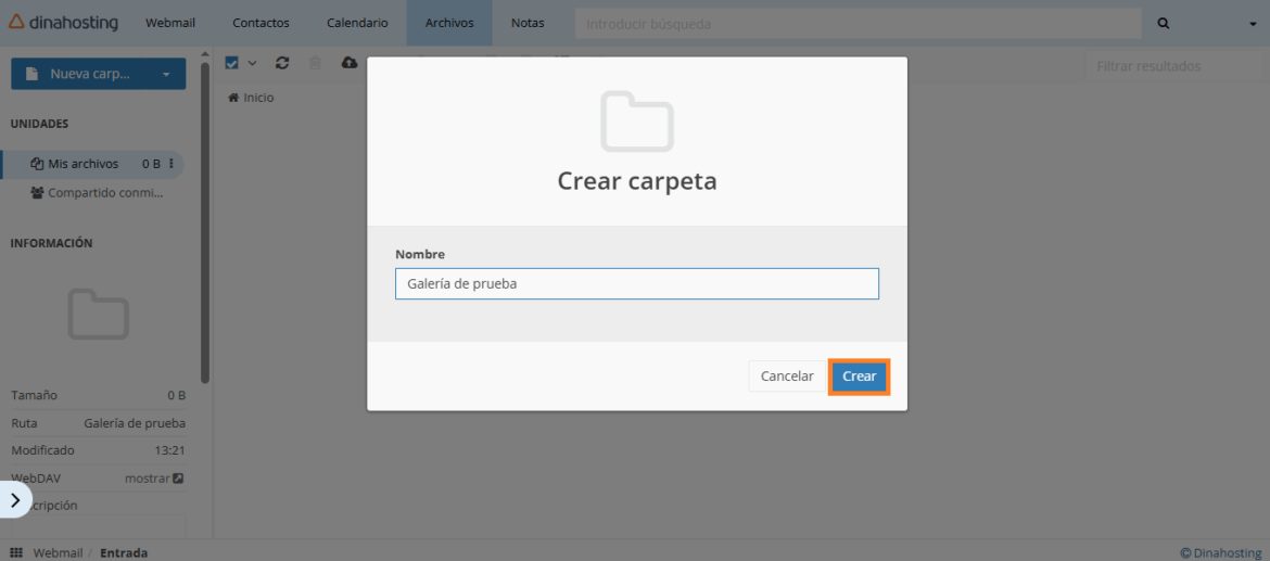 Formulario para crear una carpeta de galería de archivos multimedia
