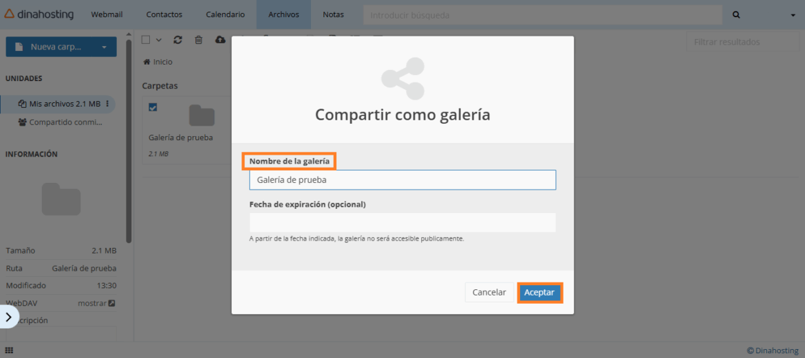 Opción para compartir la galería creada