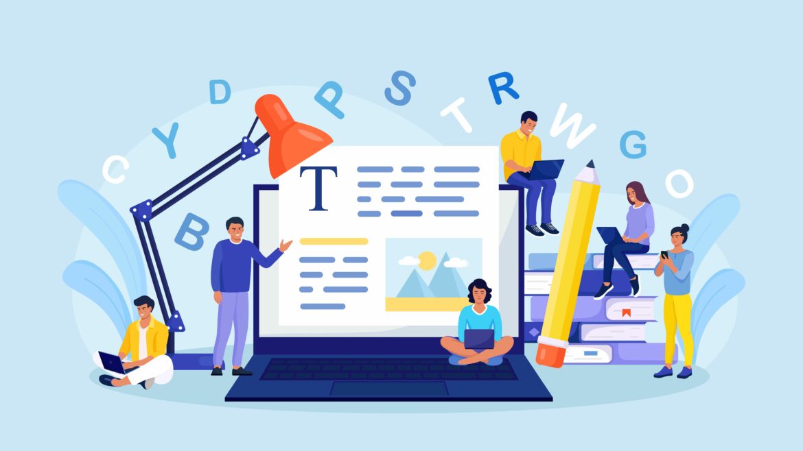 Ilustración de un grupo de personas creando contenido útil y original para páginas web, alrededor de un ordenador con objetos de gran tamaño como una lámpara o un lápiz