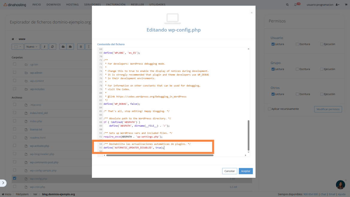 Edición archivo wp-config.php