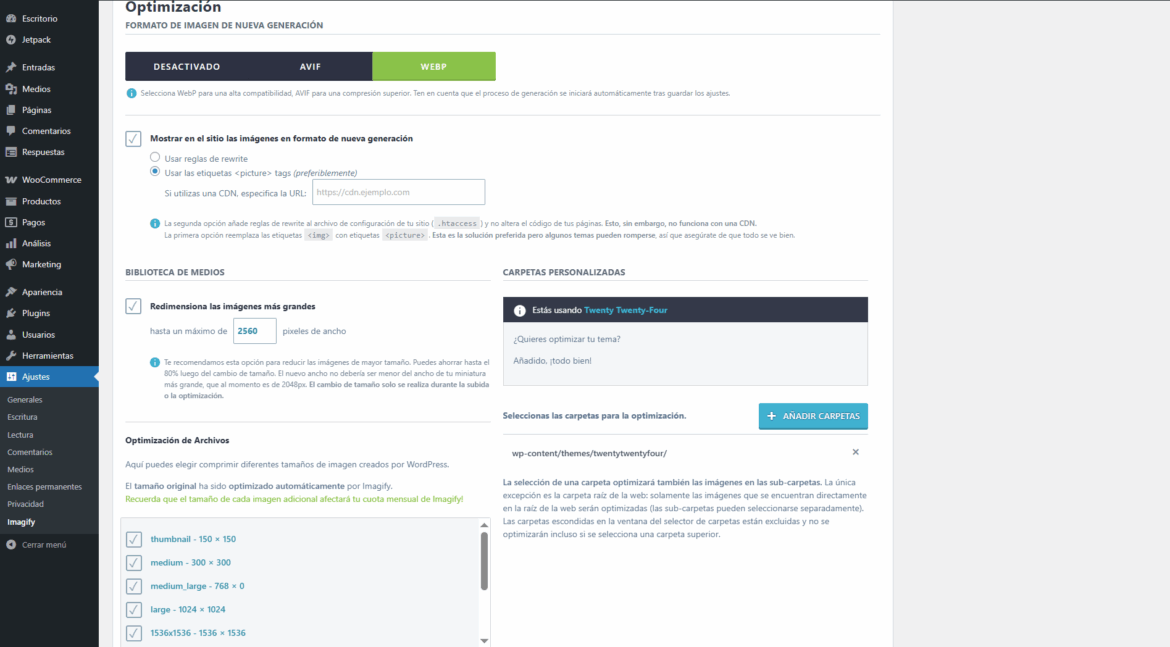 Ajustes de optimización en Imagify