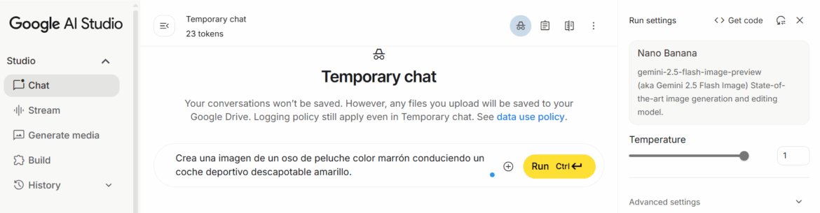 Ejemplo de prompt en AI Studio