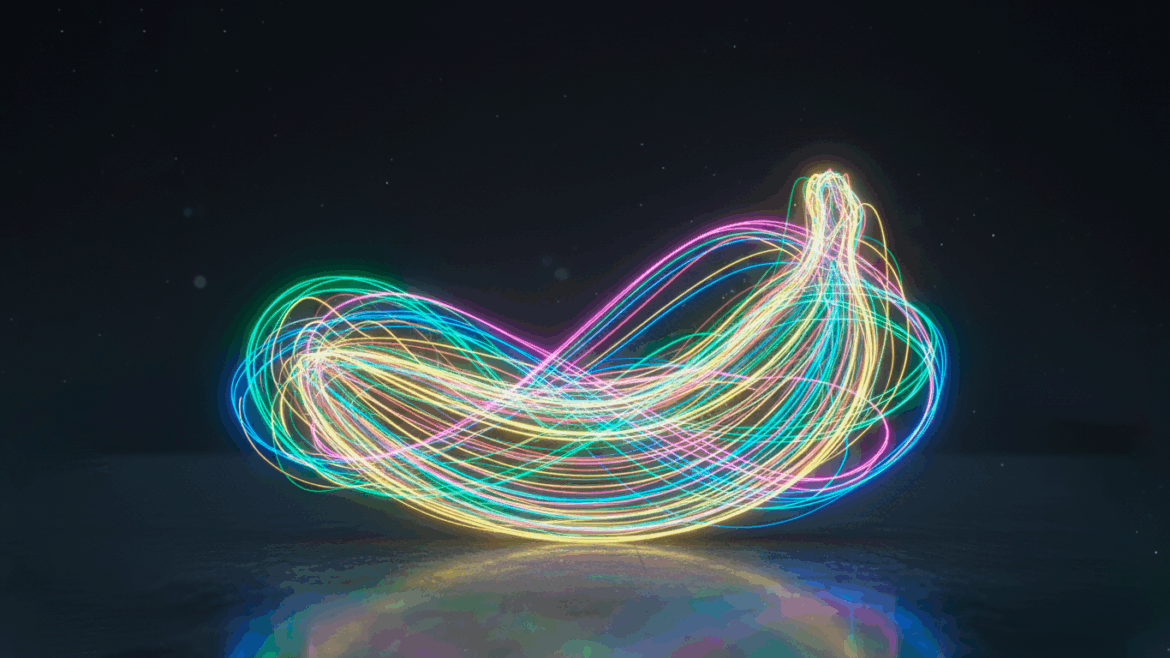 Imagen de plátano con líneas de luz generado con Nano Banana.