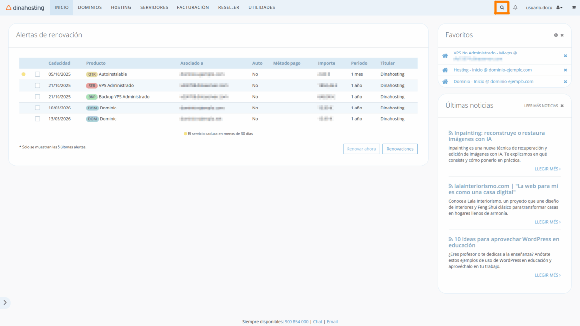 Inicio del Panel de Control de dinahosting