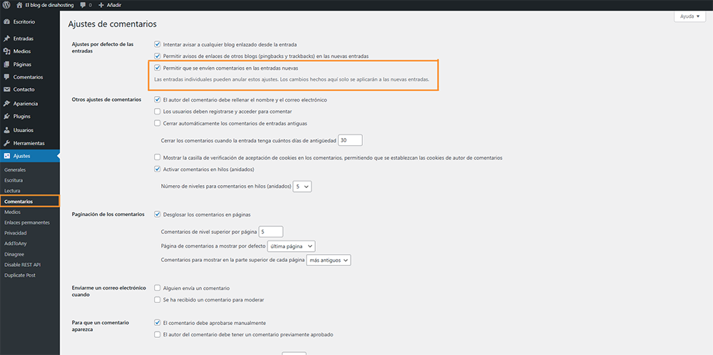 Desactivar comentarios nuevos en WordPress