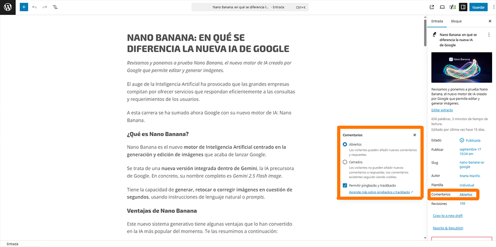 Desactivar comentarios en posts concretos