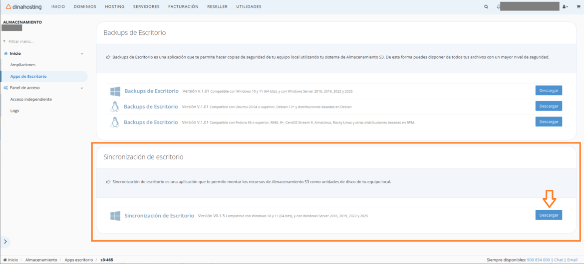 Aplicación Sincronización de Escritorio en el Panel dinahosting