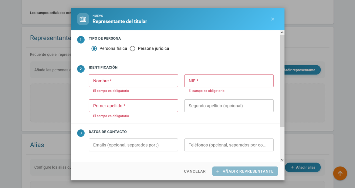 Formulario sobre el representante del titular