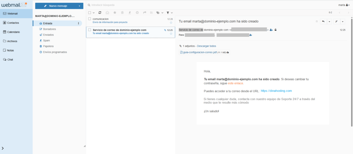 Interfaz webmail dinahosting