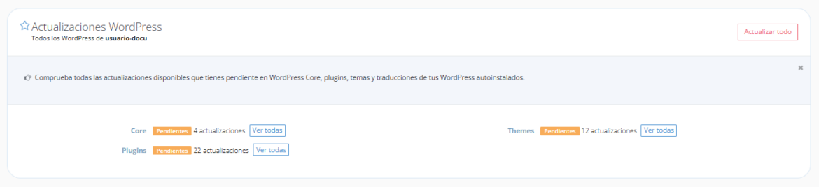 Actualizaciones WordPress Panel Dinahosting
